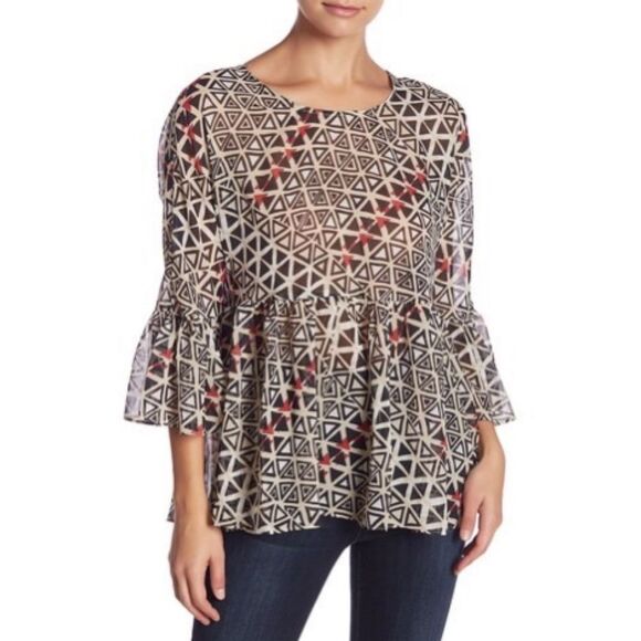 BCBGeneration Boho Babydoll Tunic Top Womens Size S Bell Sleeve Peplum Blouse - Picture 1 of 5